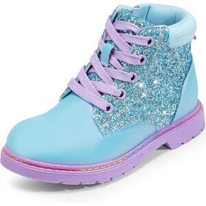 🆕Girls Ankle Boots Blue Glitter Combat Bootie Zipper Lace Up Winter Dress Boot